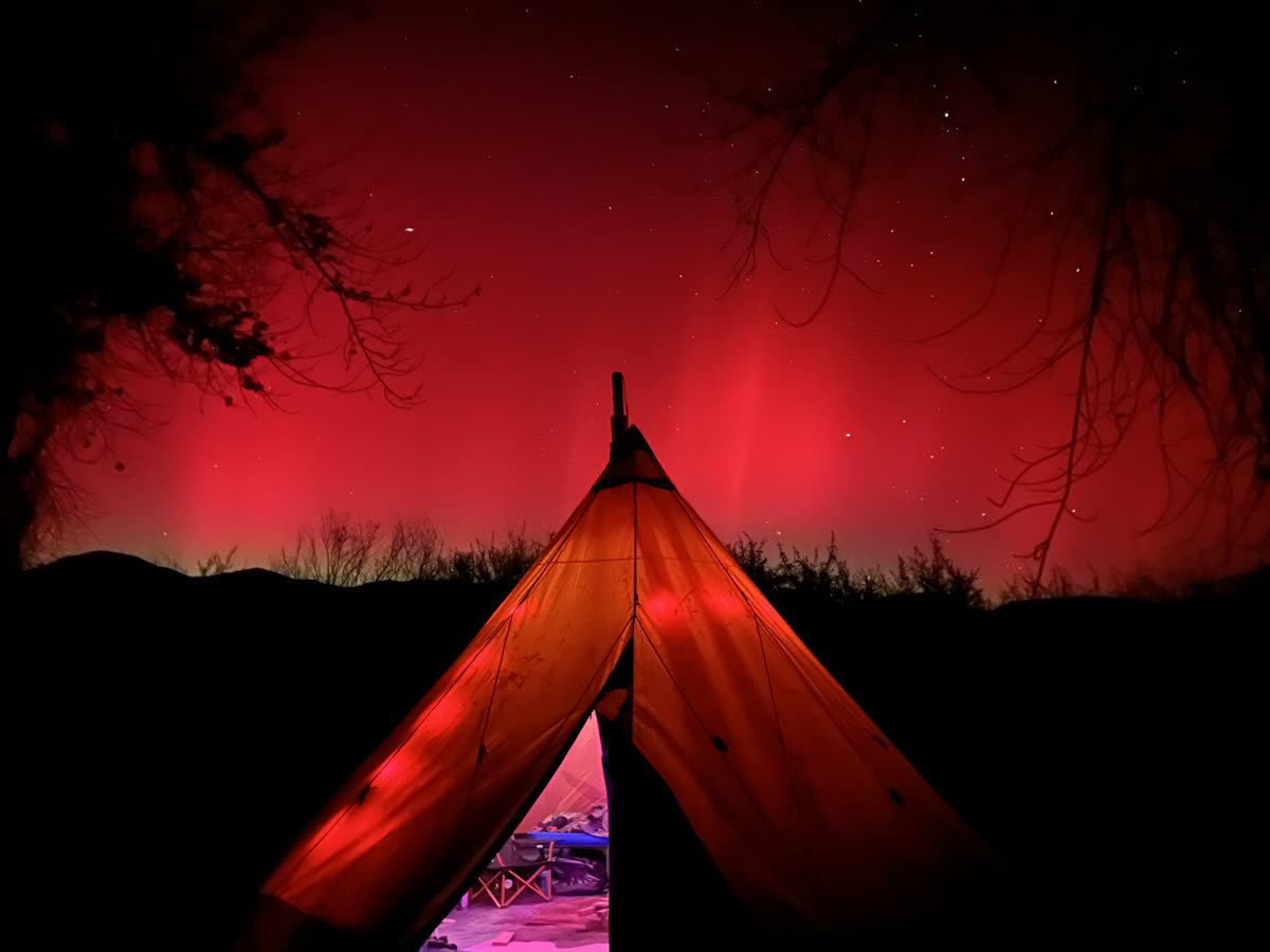 A glowing tent pitched under a dark night sky